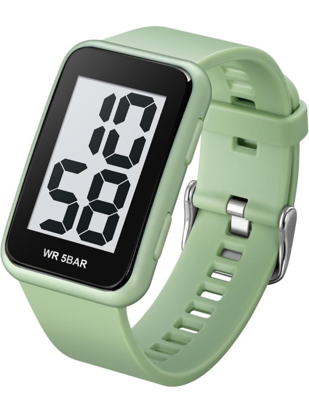 Unisex Light Green Large Numbers Display Waterproof Square Case Digital Watch